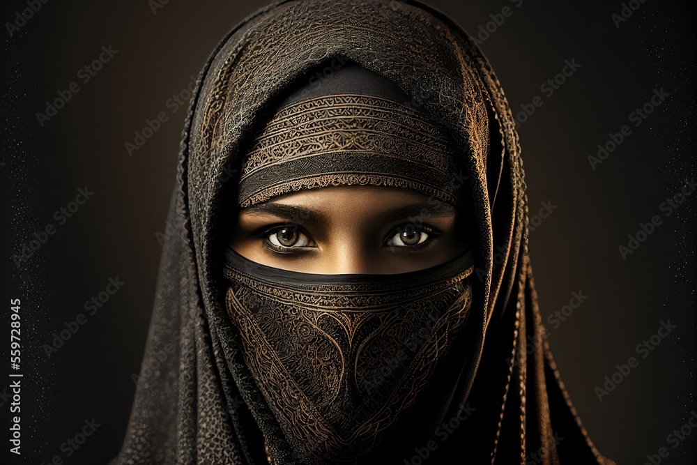Stunning photorealistic portrait of beautiful woman in islam niqab clothes. Generative art Stunning photorealistic portrait of beautiful woman in islam niqab clothes. Generative art
