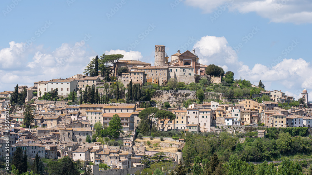 A panoramic view of Amelia, a charming medieval town perched on a hill in the Umbria region of Italy.
