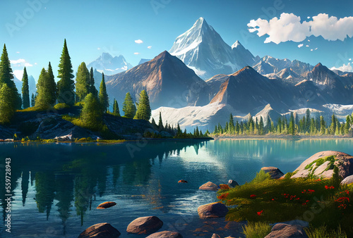 Fantastic mountain peaks with snow on top. Picturesque landscape with Alps. Generative Ai Art. Lake with reflections. Forest with evergreen trees.