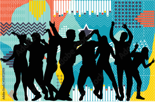 Dancing people silhouettes , retro background.	