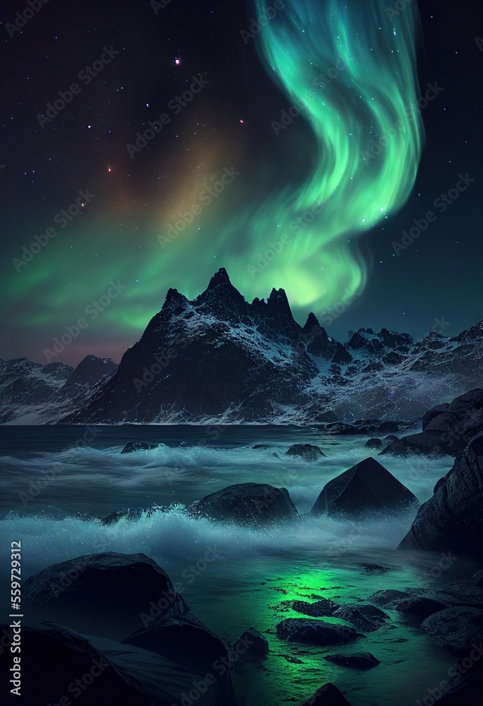 Aurora borealis in the sky above northern landscape. Generative art