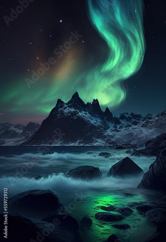 Aurora borealis in the sky above northern landscape. Generative art © Cheport