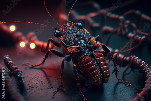 Robotic bug and electric wires, creative photorealistic illustration. Generative art © Cheport