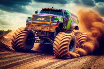 Gardinen Kinderzimmer Abstract custom monster truck riding on high speed at the dirt track. Generative art  © Cheport