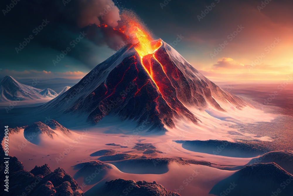 Aerial view of volcano eruption. Stunning photorealistic illustration. Generative art	