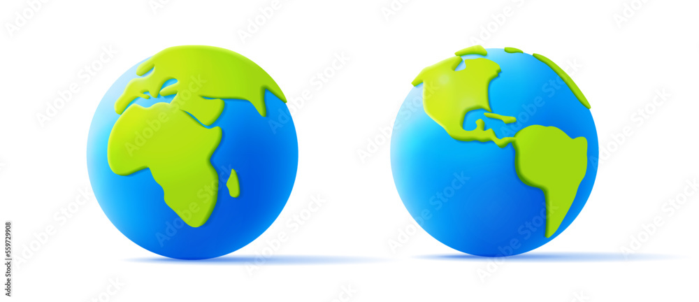 Cartoon planet Earth 3d vector icon in green and blue colours, volume continents, 3d render style Cartoon planet Earth 3d vector icon in green and blue colours, volume continents, 3d render style
