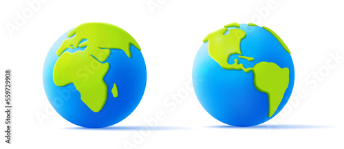 Cartoon planet Earth 3d vector icon in green and blue colours, volume continents, 3d render style