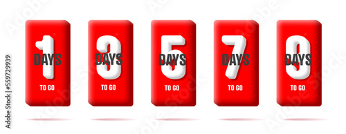 Deadline countdown in days to go, volume letters on red cube, digital badge