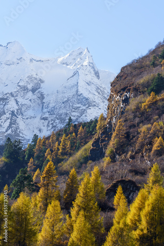 Fotografie Snowy peaks and autumn colors on the Manaslu Circuit Trek in Nepal