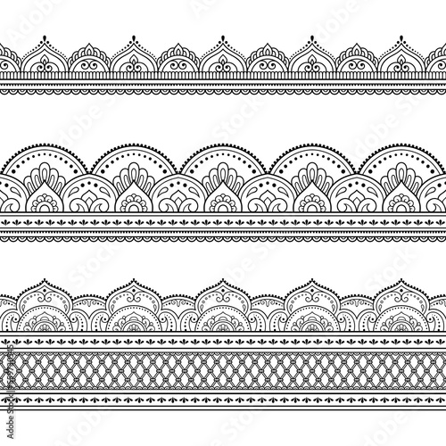 Set of Seamless borders pattern for Mehndi, Henna drawing and tattoo. Decoration in ethnic oriental, Indian style. Doodle ornament. Outline hand draw vector illustration.