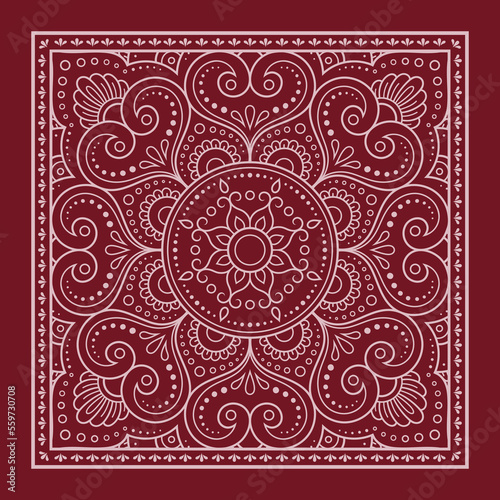 Circular pattern in form of mandala with flower for Henna, Mehndi, decoration. Red decorative ornament in ethnic oriental style for a bandana. Outline doodle hand draw vector illustration.