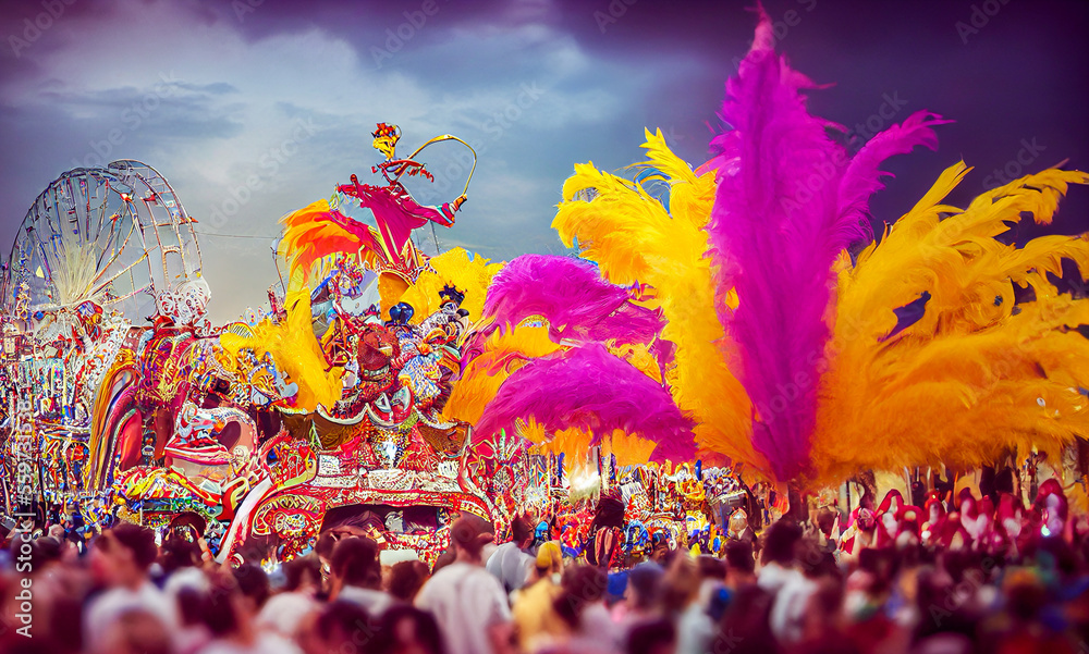 colorful carnival parade in the night, Generative AI Illustration