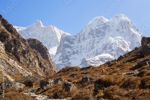 Fototapeta Naklejka Na Ścianę i Meble -  A scenic view of Jannu peak from the track to the viewpoint, part of the Kanchenjunga base camp trek in Nepal.