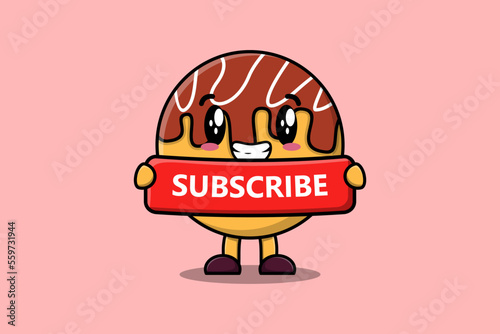 Cute cartoon Takoyaki character holding red subscribe board