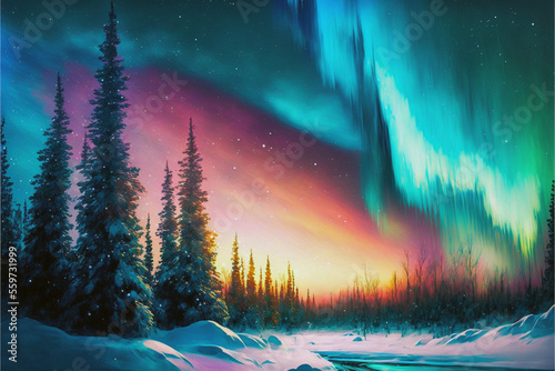 Aurora borealis, Northen polar lights, colorful sky, Winter dark snowy mountain lanscape. AI generative