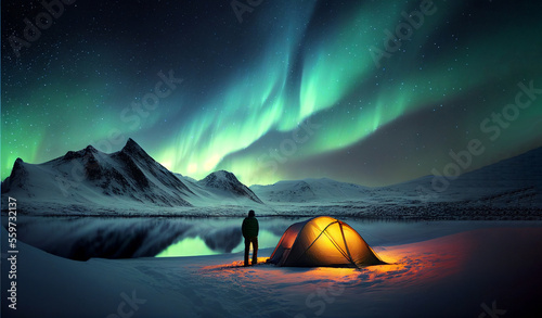 Mountain camping, man standing out of a tent, Winter snowy landscape. Northen polar lights, green color Aurora borealis on sky, AI generative