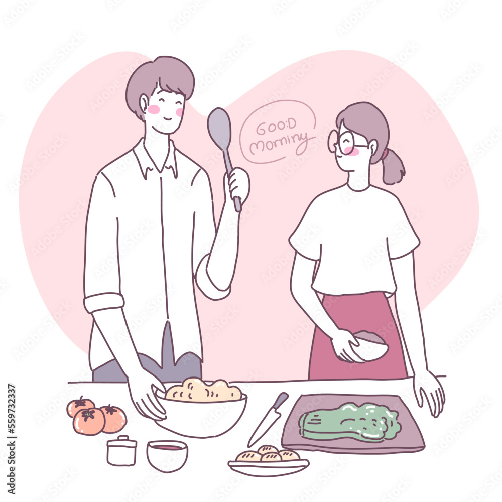 Vector flat illustration with a girl who cooks in the kitchen Vector flat illustration with a girl who cooks in the kitchen