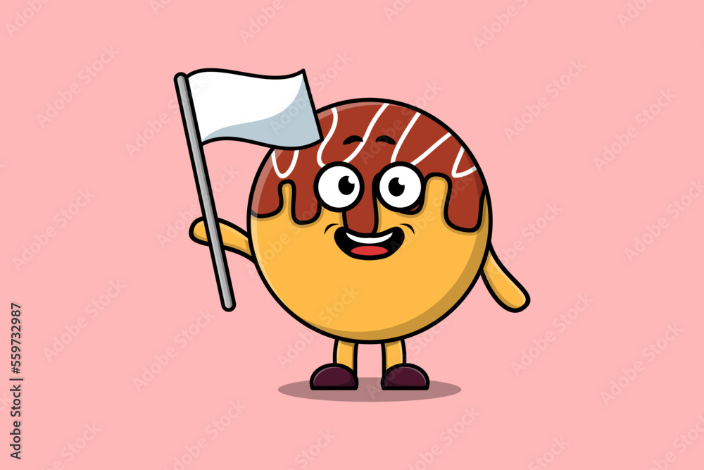 Cute cartoon Takoyaki mascot character with white flag in modern design illustration Cute cartoon Takoyaki mascot character with white flag in modern design illustration