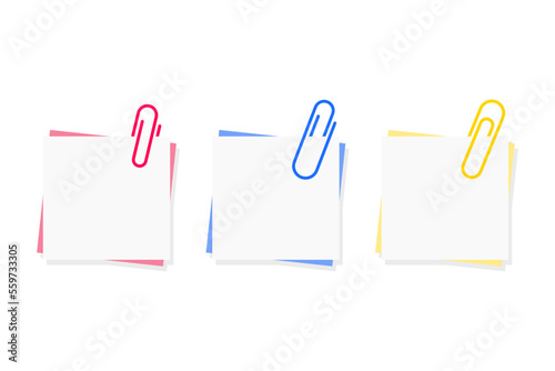 Paper clip. Set of colorful sticky notes and pins. Colored paperclips with blank notepaper. Isolated on white background. Template for memo. Vector Illustration