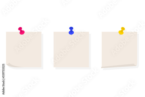 Push pins. Colored push pins with blank notepaper. Isolated on white background. Template for memo. Vector Illustration