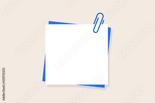 Paper clip. Colorful sticky note and pin. Colored paperclip with blank notepaper. Isolated on background. Template for memo. Vector Illustration