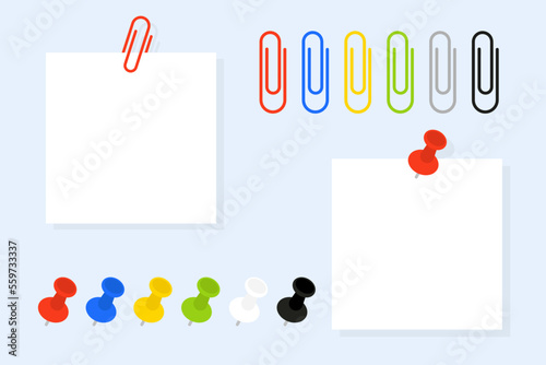 Paper clips. Push pins. Colored push pins and paper clips with blank notepaper. Template for memo. Vector Illustration