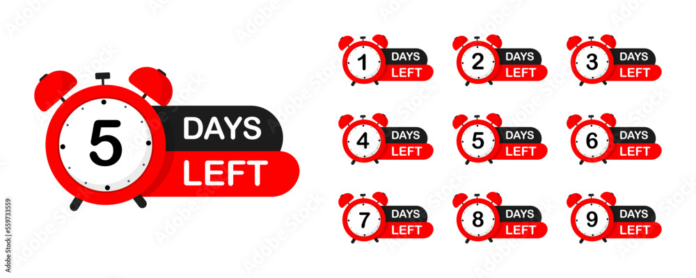 Countdown number 1, 2, 3, 4, 5, 6, 7, 8, 9, of days. Sale time countdown. Count down vector banner template. Number of days left. Promotional banners. Offer timer, sticker limited to few days