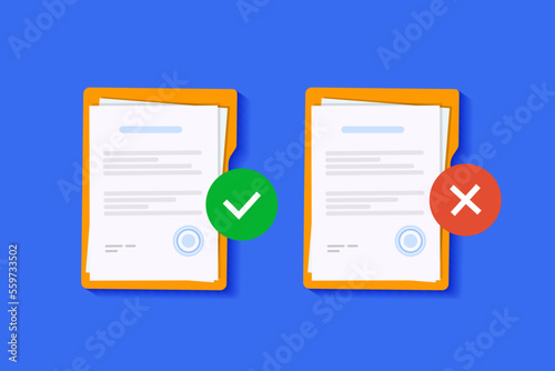 Approved and rejected document. Clipboard with document, red rejected and green approved stamp. Flat vector illustration