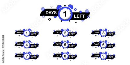 Countdown number 1, 2, 3, 4, 5, 6, 7, 8, 9, of days. Sale time countdown. Count down vector banner template. Number of days left. Promotional banners. Offer timer, sticker limited to few days