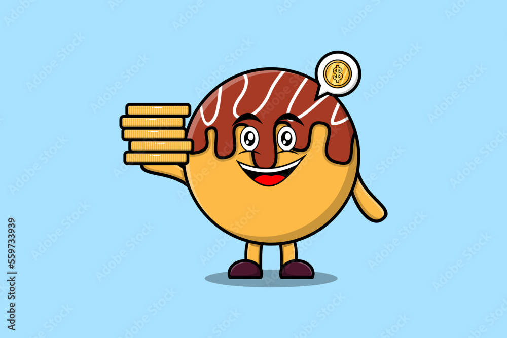 Cute cartoon Takoyaki character holding in stacked gold coin vector illustration