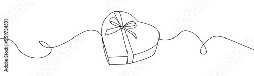 Heart gift box one line drawing. Continuous one line heart box.Presents with ribbon bow.Hand drawn greeting valentine present box.Line art valentine surprise.Heart with a ribbon