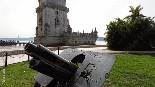 View Of An Ancient Cannon On Display Outside Belem Tower In Lisbon, Portugal - tilt up