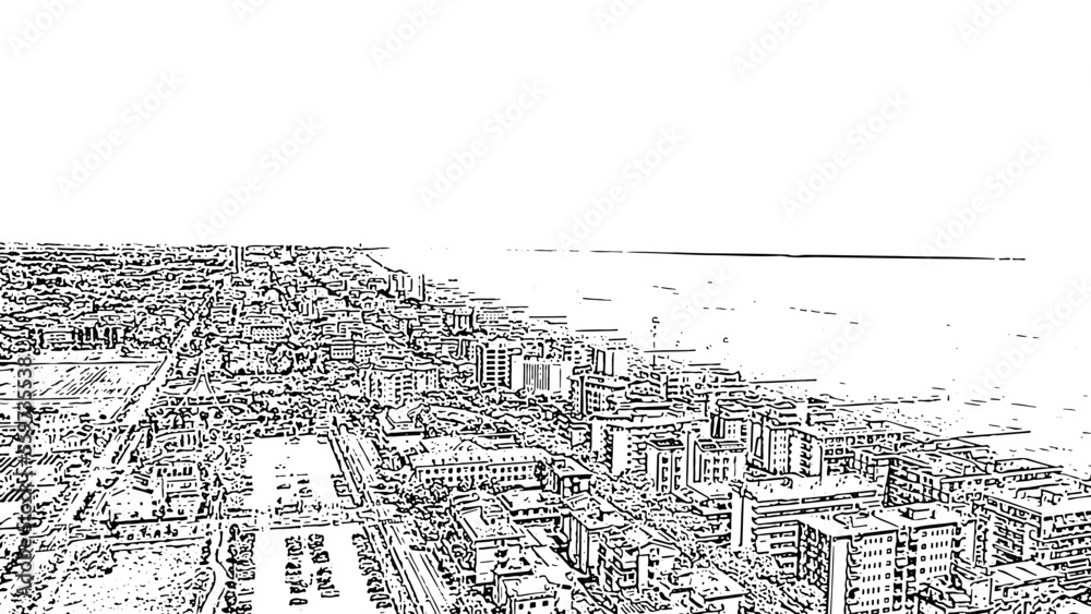 Italy, Jesolo. Lido di Jesolo, is the beach area of the city of Jesolo in the province of Venice. Doodle sketch style. Aerial view
