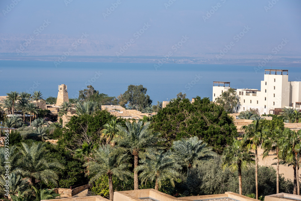 Panoramic view of the Dead Sea from Jordan on a winter day