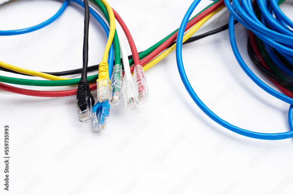LAN network connection ethernet cables on white LAN network connection ethernet cables on white