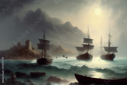 A mountainous island shrouded in mist with rudimentary medieval ships . Generative AI