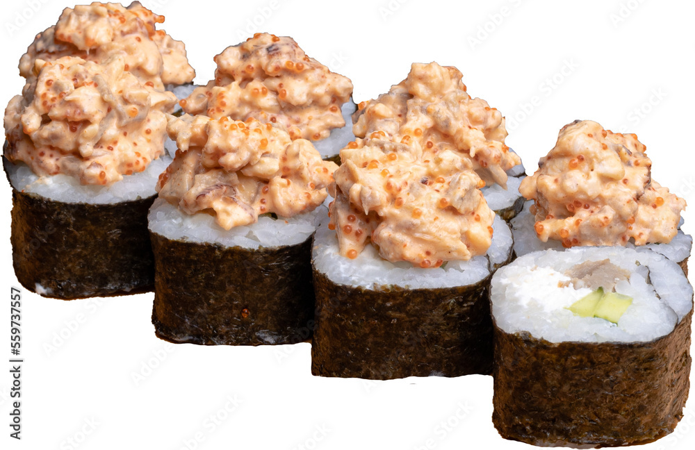 sushi rolls. saigo sushi roll with shrimp and eel isolated on white background sushi rolls. saigo sushi roll with shrimp and eel isolated on white background