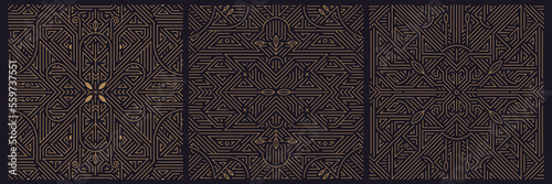 Vector set of art deco seamless patterns, frames, adges, abstract geometric design templates for luxury products. Linear ornament compositions, vintage. Use for packaging, branding. Golden fancy style