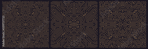 Vector set of art deco seamless patterns, frames, adges, abstract geometric design templates for luxury products. Linear ornament compositions, vintage. Use for packaging, branding. Golden fancy style