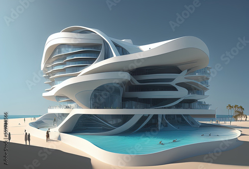 a building sideview with a swimming pool standing at the beach. Generative AI © lndstock