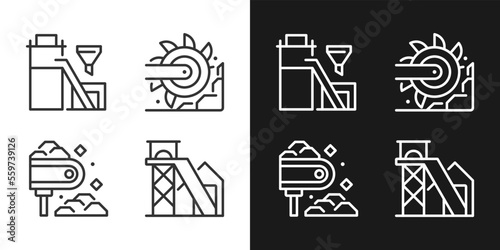 Coal mining process pixel perfect linear icons set for dark, light mode. Processing plant. Bucket wheel excavator. Thin line symbols for night, day theme. Isolated illustrations. Editable stroke