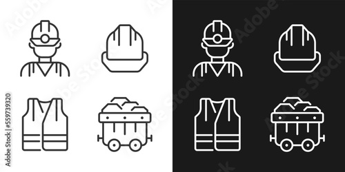 Coal miner protective equipment pixel perfect linear icons set for dark, light mode. Reflective vest and hardhat. Thin line symbols for night, day theme. Isolated illustrations. Editable stroke