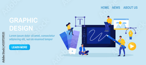 Graphic designers creating artwork using digital pen and tablet. Digital artist working on web page design. Advert designer or illustrator drawing picture on device screen. Professional software