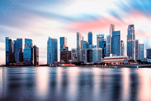 View of Marina Bay at sunset in Singapore City, Singapore © Stockbym