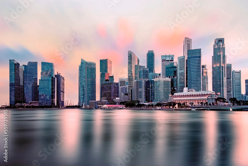 View of Marina Bay at sunset in Singapore City, Singapore © Stockbym