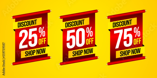 Set of discount label with chinese ornament vector illustration, sale banner for promotional 25% off, 50% off, 75% off special offer tag sticker design element for oriental event sale