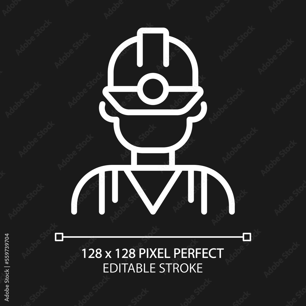Miner pixel perfect white linear icon for dark theme. Manual labour. Coal mining industry employee. Protective equipment. Thin line illustration. Isolated symbol for night mode. Editable stroke