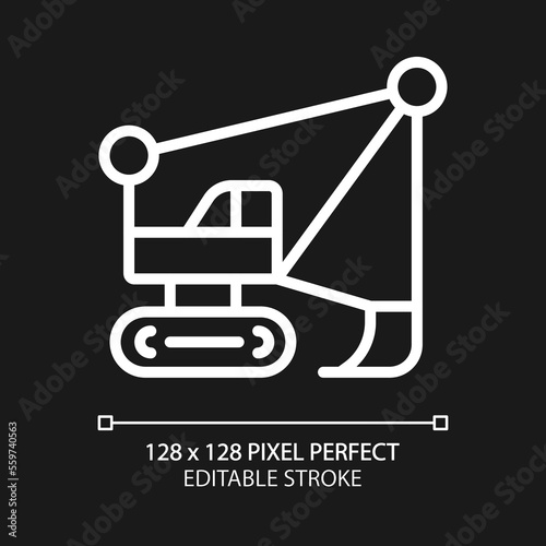 Dragline excavator pixel perfect white linear icon for dark theme. Large heavy equipment machine. Strip mining industry. Thin line illustration. Isolated symbol for night mode. Editable stroke
