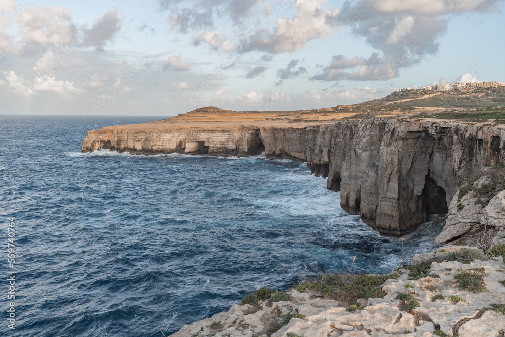 Cliffs and the sea views of Gozo island. 