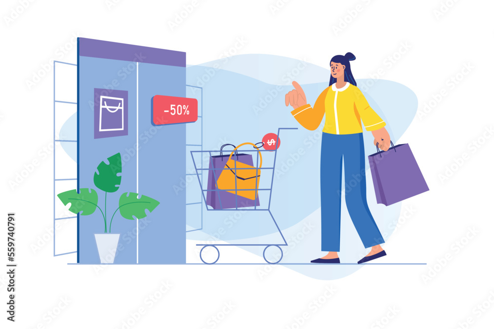 Shopping concept with people scene. Woman customer makes purchases at discount prices and puts bags in supermarket trolley in shop. Illustration with character in flat design for web banner Shopping concept with people scene. Woman customer makes purchases at discount prices and puts bags in supermarket trolley in shop. Illustration with character in flat design for web banner